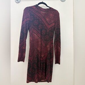 BCBGeneration Black and Red Long Sleeve Printed Fit-and-Flare Dress